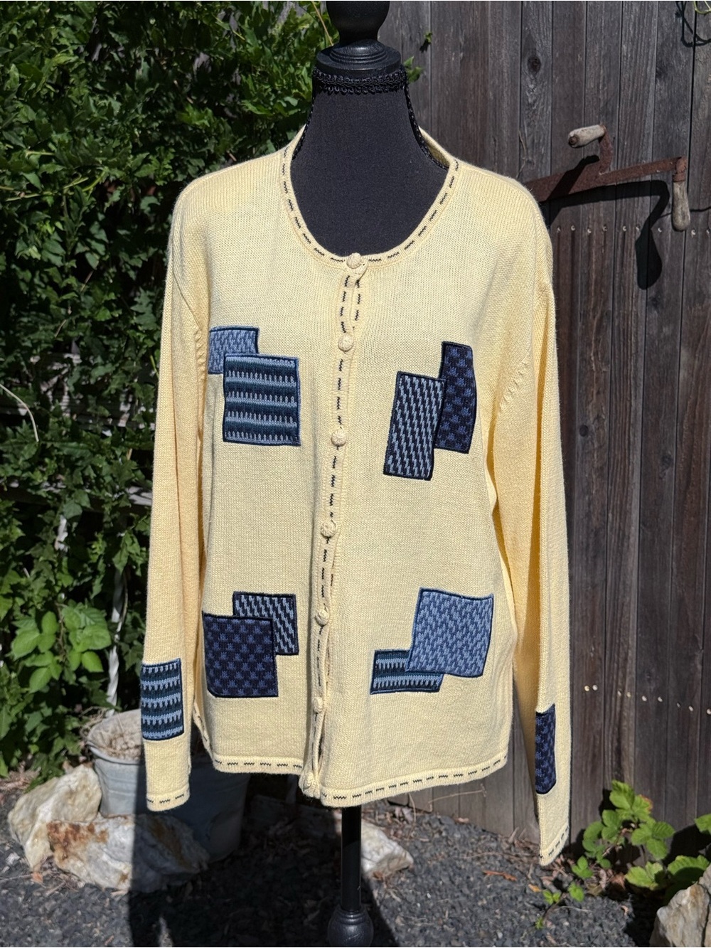 Christopher & Banks Pale Yellow Cardigan with Navy Patch Details
